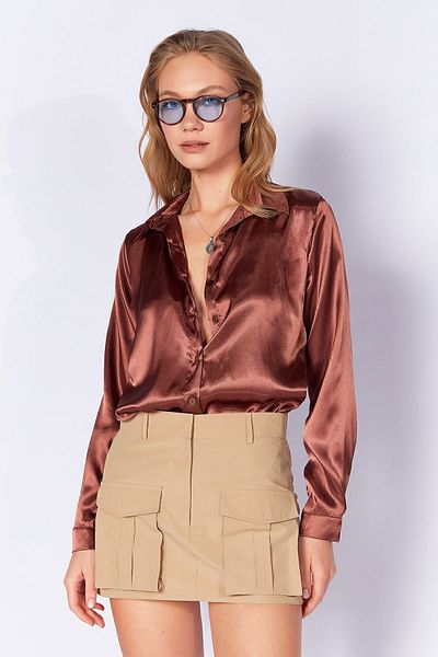 Manche Brown Lightly Flowing Satin Women's Shirt| MKW168937-01