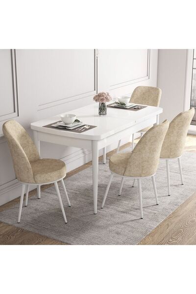 Canisa Concept Kor Serisi, 70x114 Açılabilir Beyaz Yemek Masası Takımı,4 Krem...