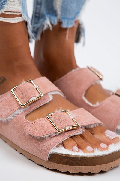 Manijero Anjelic Furry Women's Genuine Leather Double Buckle Furry Powder Suede Slippers
