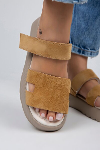 Manijero Γυναικείες παντόφλες Velcro από γνήσιο δέρμα Seina Παντόφλες Mustard