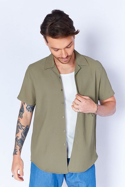Manche Flexible Ottoman Texture - Apricot Collar Short Sleeve Men's Shirt [Khaki MJS117839-01]