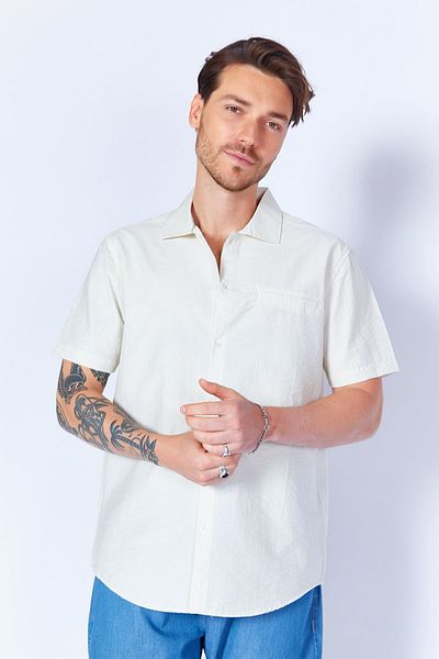 Manche Ecru Wrinkled Layered Collar 100% Cotton Short Shirt - MES129280-01