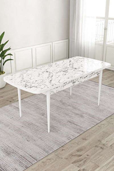 Canisa Nix Serisi Açılabilir 70x114 Beyaz Mermer Desen Mutfak Masası Takımı ve 6 Sandalye
