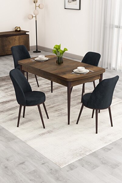 Nix Series Openable 70x114 Baroque Wood Pattern Kitchen Table Set and 4 Anthracite Chairs