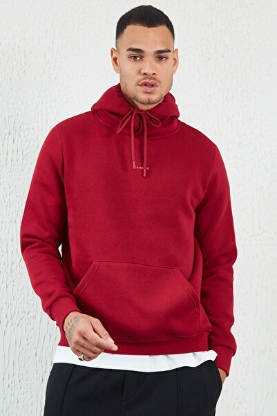 Manche Kapüşonlu Basic Minimal Baskılı Sweat Bordo