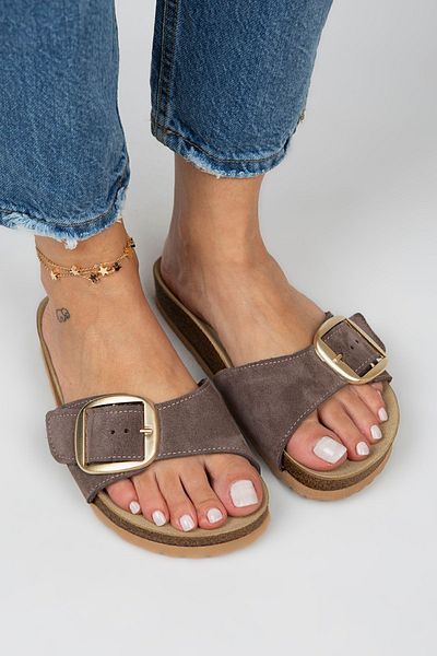 Manijero Women's Genuine Leather Single Strip Brown Gold Slippers