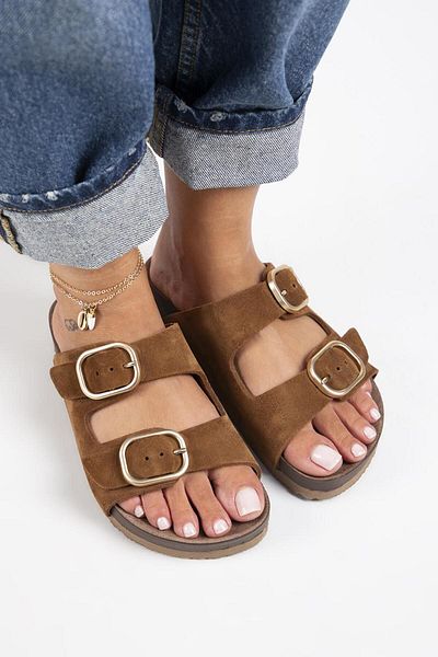 Manijero Jazmin Women's - Genuine Leather, Double Buckle Tan Slippers