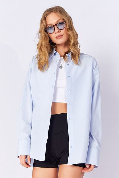 Manche Women's Relaxed Fit 100% Cotton Poplin Shirt |   Blue Mks 163867 -01