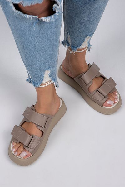 Manijero Farah Women's Genuine Leather Double Velcro Mink - Beige Slippers