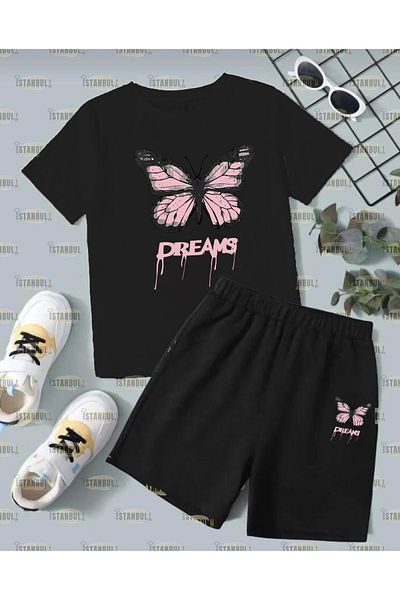 Pink Sky فراشة وردية اللون - تي شيرت مطبوع عليه فراشة وسروال رياضي من الأسفل