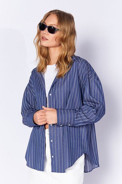 Manche Navy Blue Women's Striped Shirt| MKS167430-01