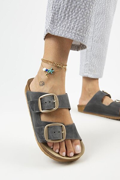 Manijero Irene Anthracite Gold Genuine Leather Slippers - Double Buckle, Antique Color