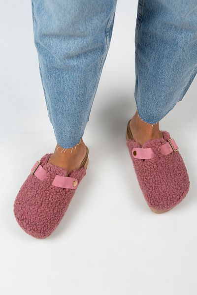 Manijero Papuci de damă Juno din piele naturală din shearling textil cu cataramă de curea liliac