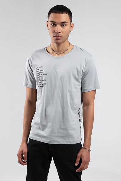 Manche Painting Gray Crew Neck Short Sleeve Printed 100% Cotton T-Shirt