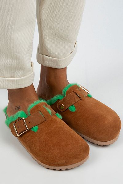 Manijero Zeta Furry Women's Genuine Leather Belted Buckle Colorful Furry Tan Green Slippers