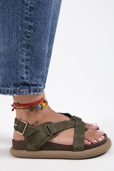 Manijero Azalea Women - Khaki sandály s přezkou z pravé kůže