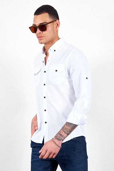 Manche White Double Pocket Flap Shirt
