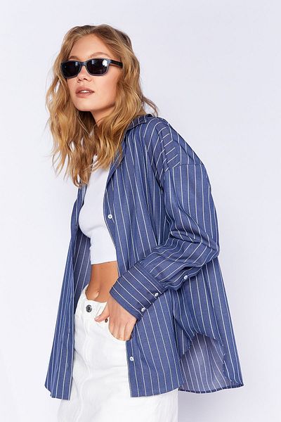 Manche Navy Blue Women's Striped Shirt| MKS167430-01