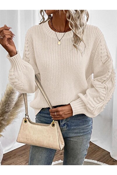 AQE FASHION Πλεκτό μανίκι Θεσσαλονίκης με μοτίβο με λαιμόκοψη λευκό πλεκτό πουλόβερ