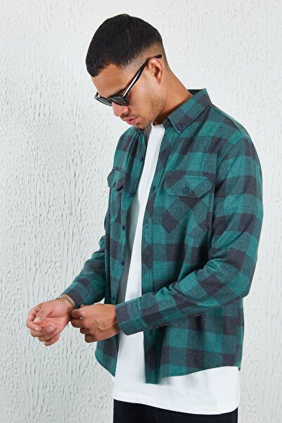 Manche Cămașă pentru bărbați cu clapă dublă de flanel verde, verde