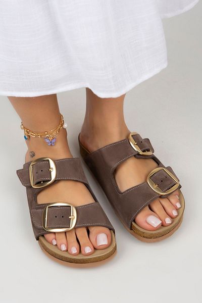 Manijero Papuci de damă Irene din piele naturală cu velcro dublu maro-auriu