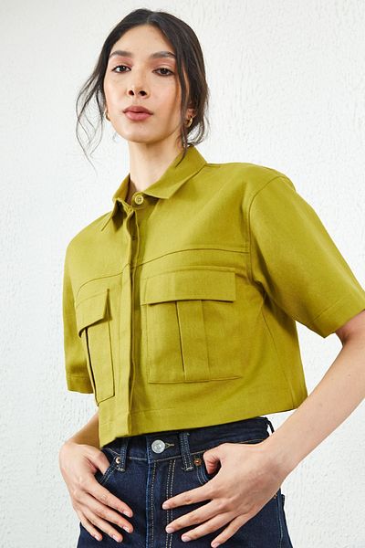 Manche Olive Crop Gabardine Front Pocket Detailed Shirt