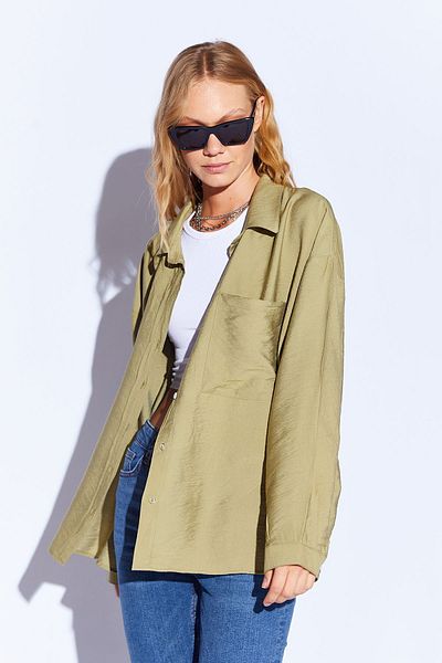 Manche Women's Olive V-neck Casual Shirt - Mks 166918 -01