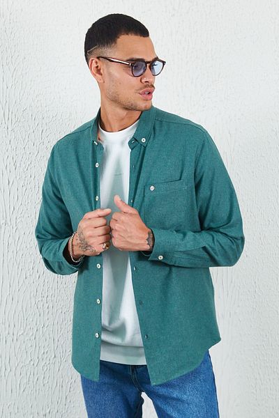 Manche Green Single Pocket Flannel Winter Shirt Green