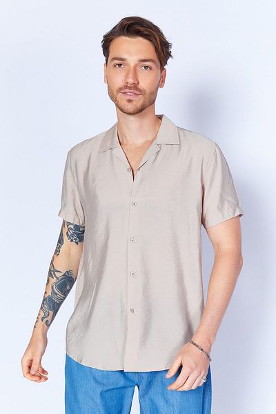 Manche Beige Colored - Apache Collar, Short Sleeve Shirt, Modal Soft Texture| MES118072-01