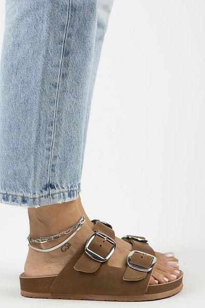 Manijero Irene Antique Women's Slippers - Genuine Leather, Double Buckle, Brown Silver