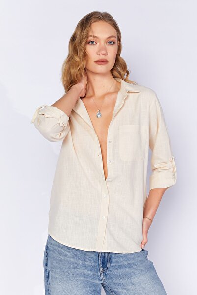 Manche Taş Cepli Keten Efektli Kadın Gömlek | MKS163420-01