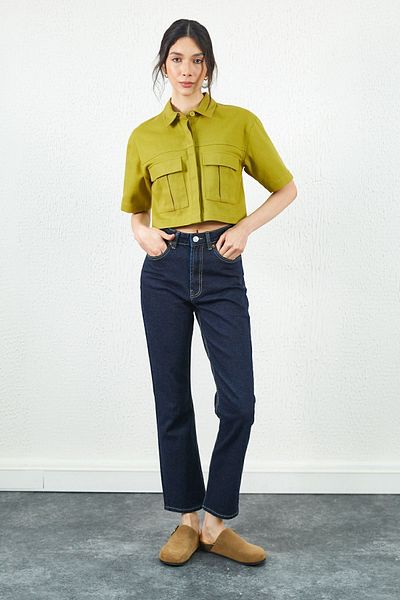 Manche Olive Crop Gabardine Front Pocket Detailed Shirt