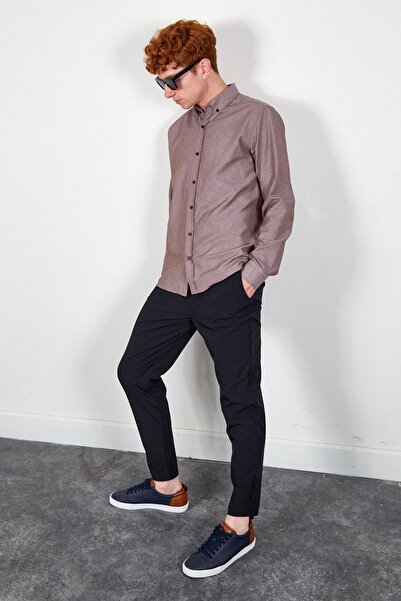 Manche Kahve Erkek Kolay Ütülenebilir Standart Fit Normal Kesim Oxford Gömlek