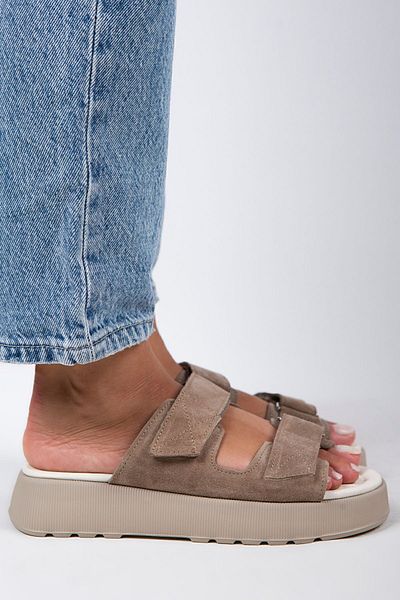 Manijero Farah Women's Genuine Leather Double Velcro Mink - Suede Slippers