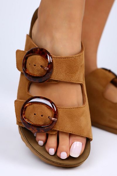 Manijero Drina Genuine Leather Double Buckle Tan Slippers