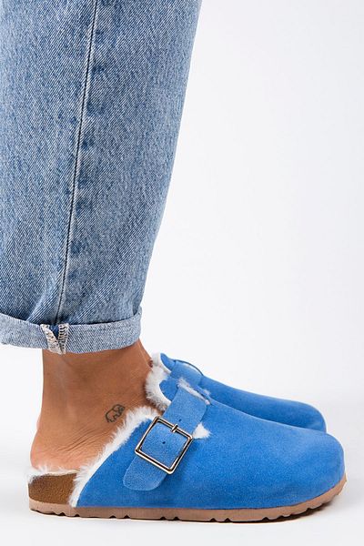 Manijero Papuci de damă Zeta Fur, din piele naturală, cu cataramă, cu centură, din piele de căprioară, albastru