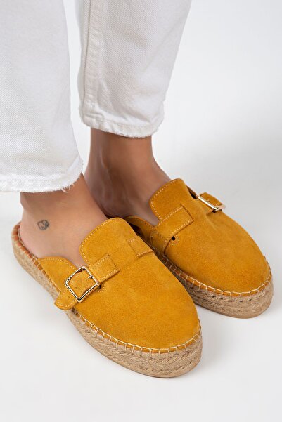 Manijero Esta Women's Genuine Leather Belted Buckle Mustard Slippers