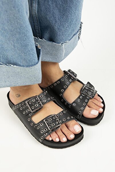 Manijero Sasha Women's Black Leather Trock Double Buckle Slippers