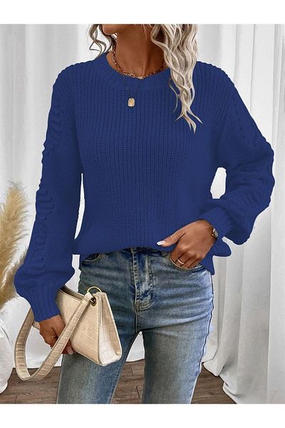 AQE FASHION Pulover de tricot albastru Saks cu mâneci tricotate cu motiv crew gat