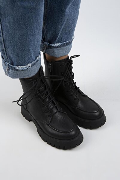 Manijero Γυναικείες μαύρες μπότες από γνήσιο δέρμα Jemima με κορδόνια με φερμουάρ