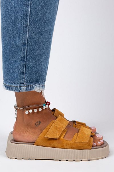 Manijero Papuci Farah pentru femei, din piele naturală, cu velcro dublu, muștar închis