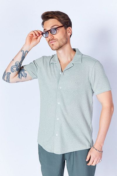 Manche Çağla Green Men's Knitwear Shirt - Krose, Apache Collar, Short Sleeve MJS118927-01