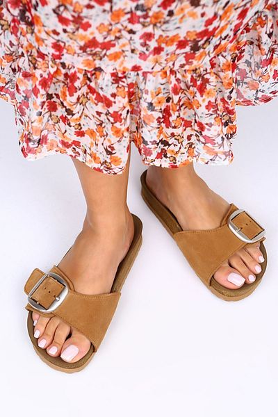 Manijero Jade Genuine Leather Single Band Silver Buckle Tan Slippers