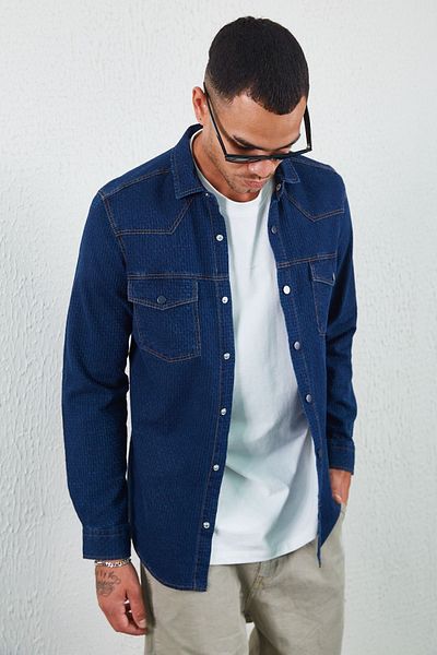 Manche Navy Blue Double Pocket Men's Shirt Navy Blue