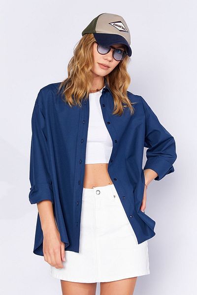 Manche Women's Relaxed Fit 100% Cotton Poplin Shirt |   Navy Blue Mks 163867 -01