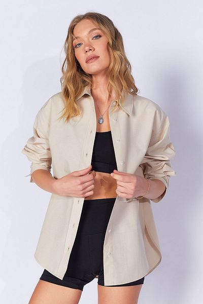 Manche Women's Relaxed Fit 100% Cotton Poplin Shirt |   Stone Mks 163867 -01