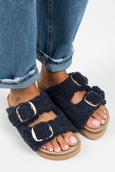 Manijero Селіна Жіночі текстильні тапочки з хутром, з двома пряжками, темно-сині