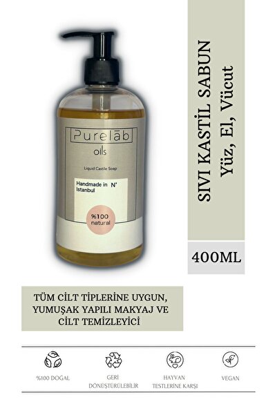 Purelab Oils Sıvı Kastil Sabun %100 Doğal Zeytinyağlı Yoğun Nemlendirici Arındırıcı Bitkisel Vegan Sabun 400 ml