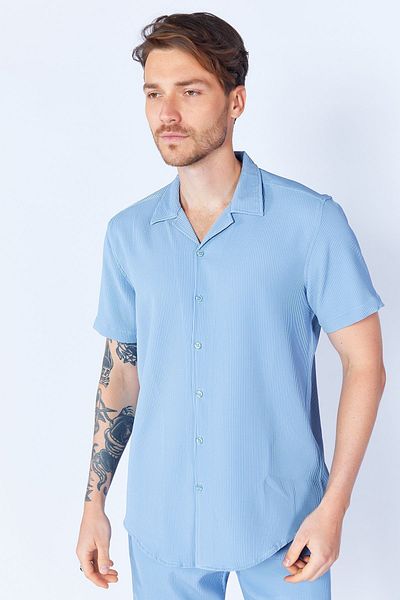 Manche Flexible Ottoman Texture - Short Sleeve Apache Collar Men's Shirt Blue MJS117839-01