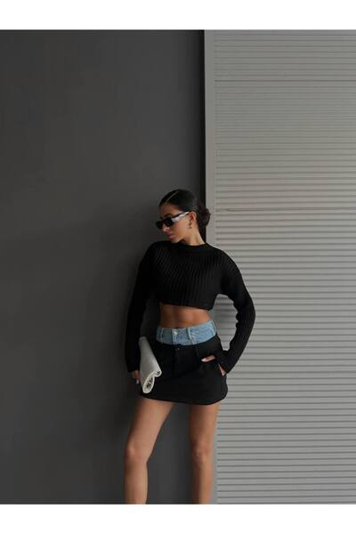 LB Laluna Butik Women's Denim Detailed Mini Fabric Skirt